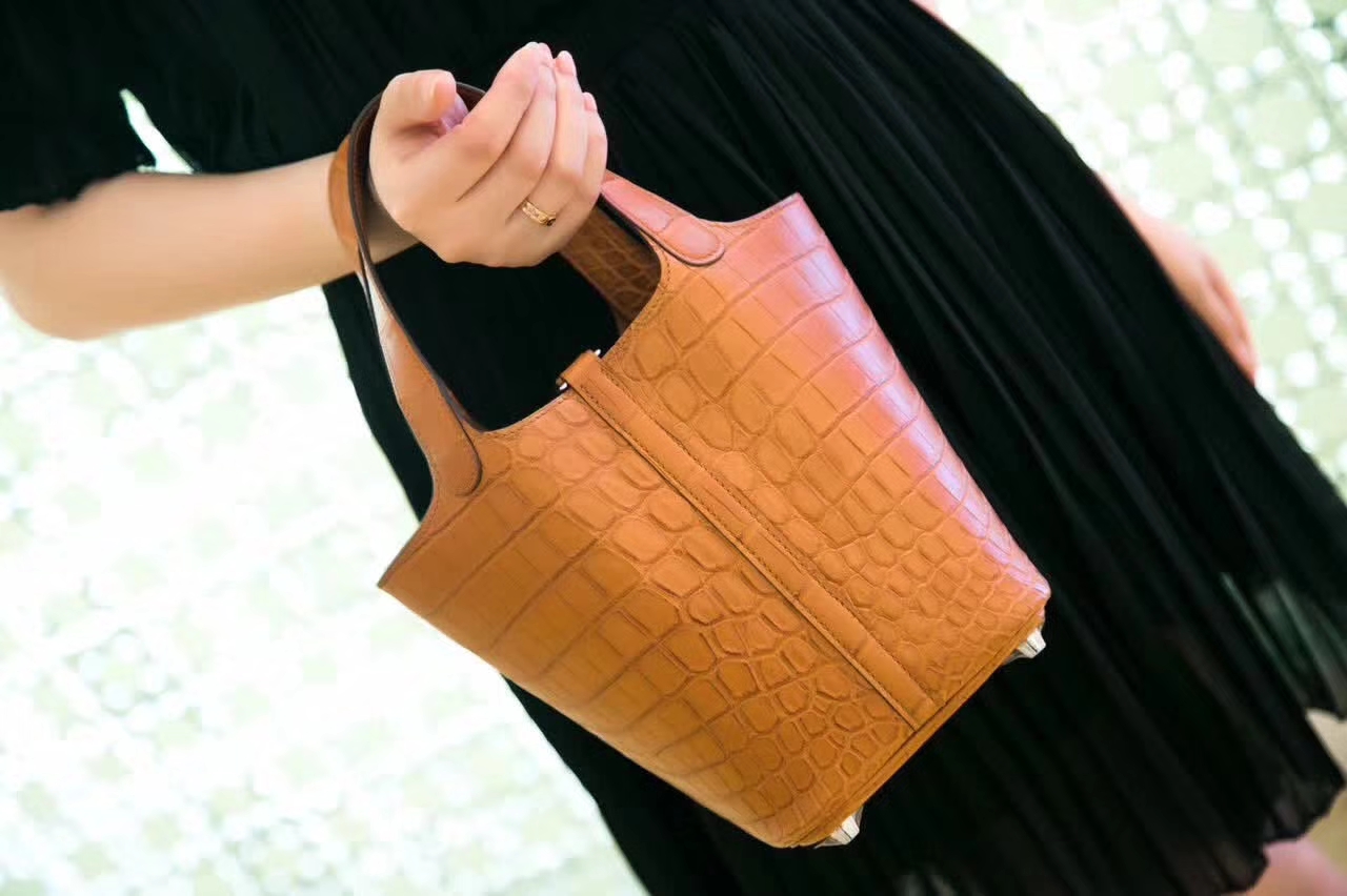 Hermes Picotin 18cm 爱马仕菜篮子包 古铜色雾面鳄鱼皮 金扣