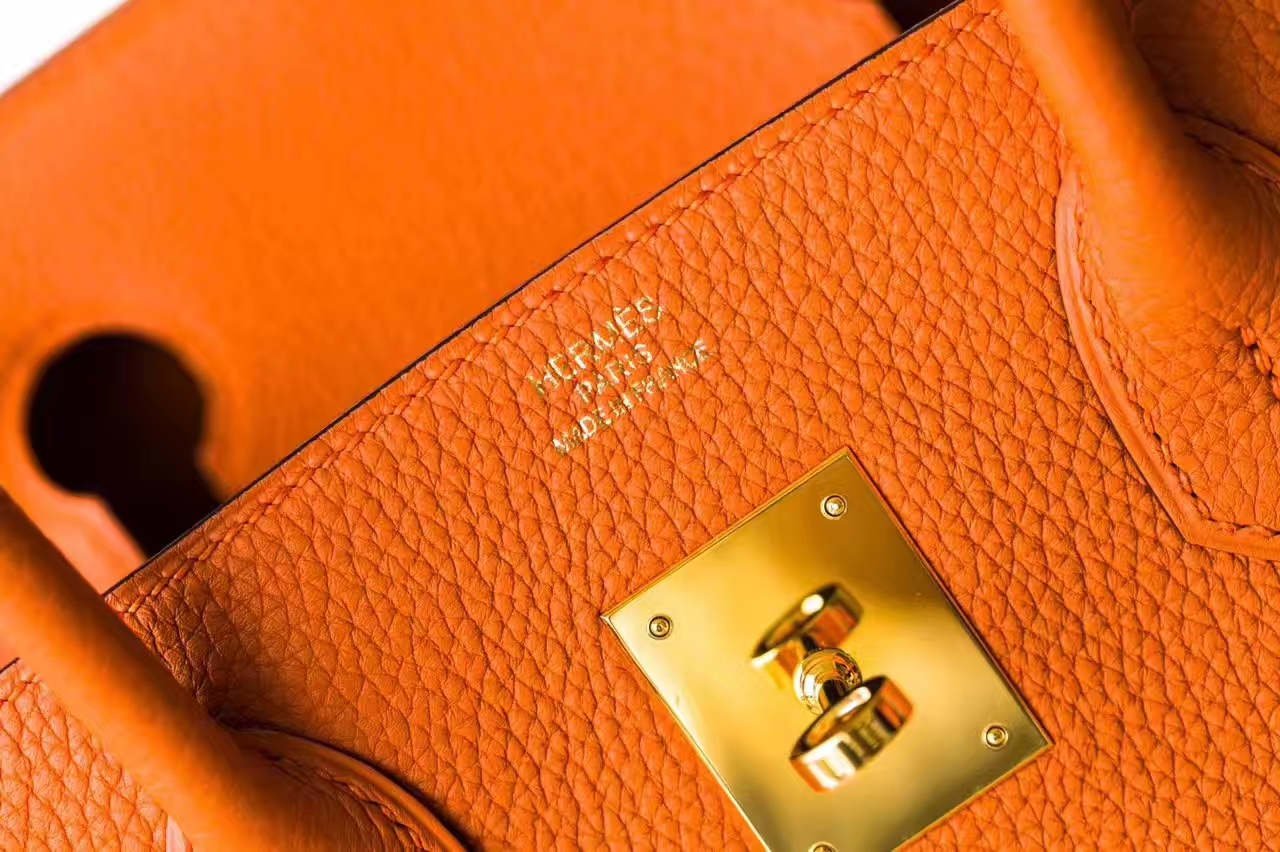Hermes包包官网 爱马仕Birkin30铂金包 橙色原厂togo牛皮 金扣