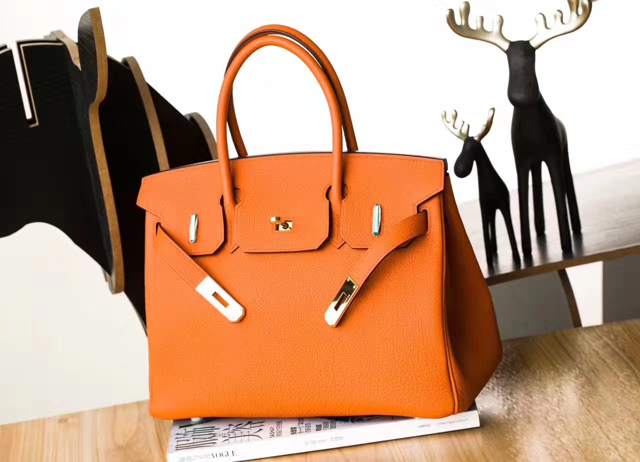 Hermes包包官网 爱马仕Birkin30铂金包 橙色原厂togo牛皮 金扣