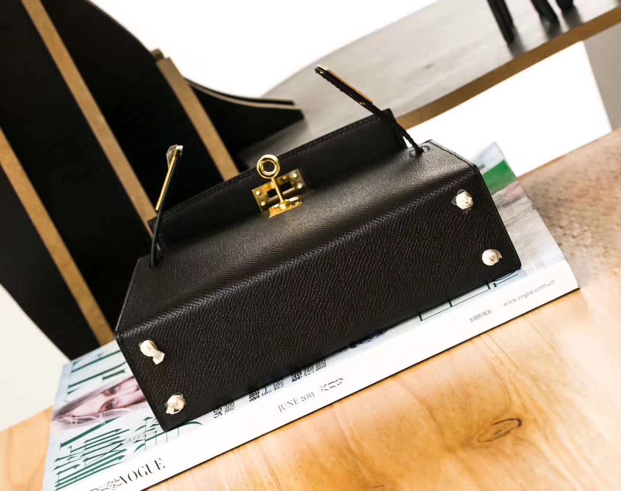 爱马仕迷你凯莉包 Hermes Minikelly2代 黑色原厂Epsom牛皮 金扣