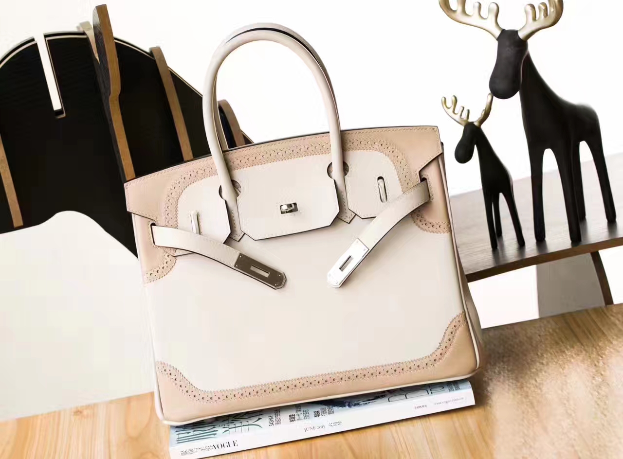Hermes爱马仕珍珠灰拼斑鸠灰原厂Swift牛皮蕾丝铂金包Birkin30cm