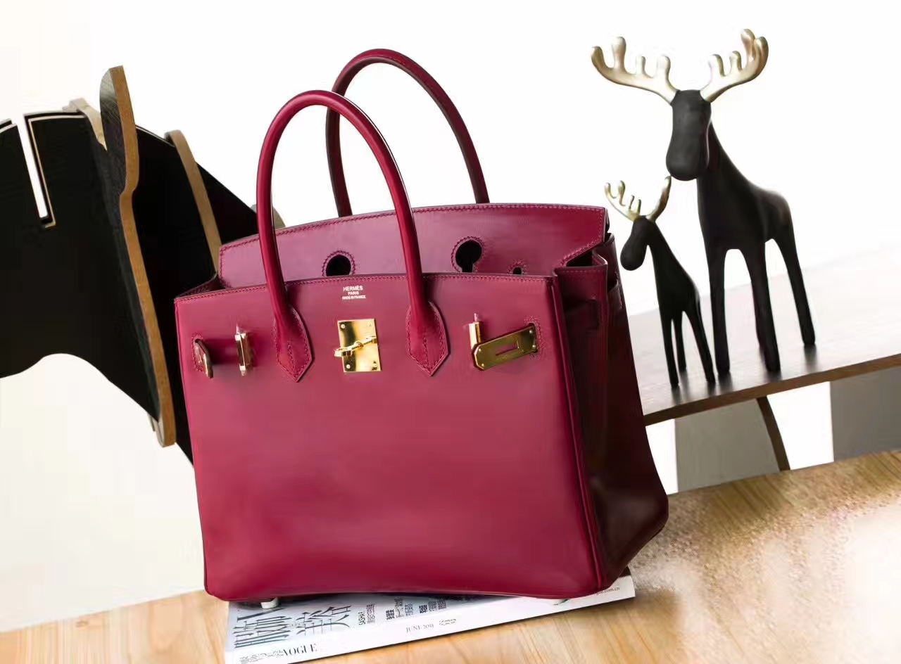 Hermes包包官网 爱马仕宝石红原厂box牛皮Birkin30铂金包 金扣