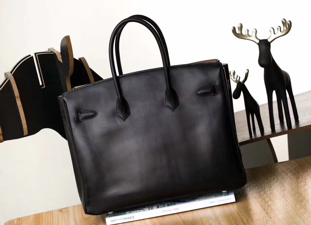 爱马仕铂金包价格 Hermes Birkin 35cm黑色原厂box牛皮内拼斑鸠灰