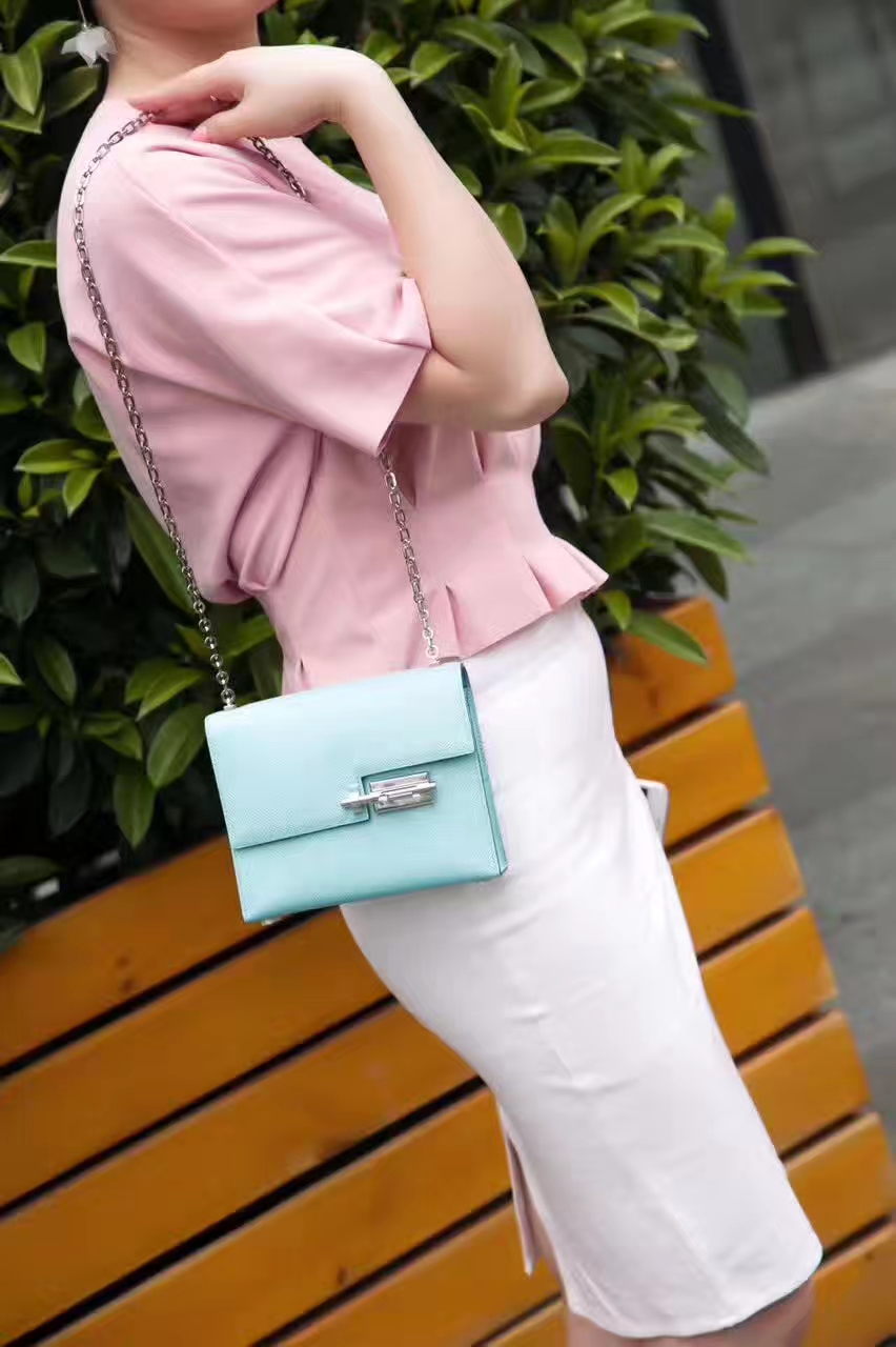爱马仕新款女包 Hermes Verrou 17cm 3P马卡龙蓝原厂epsom牛皮