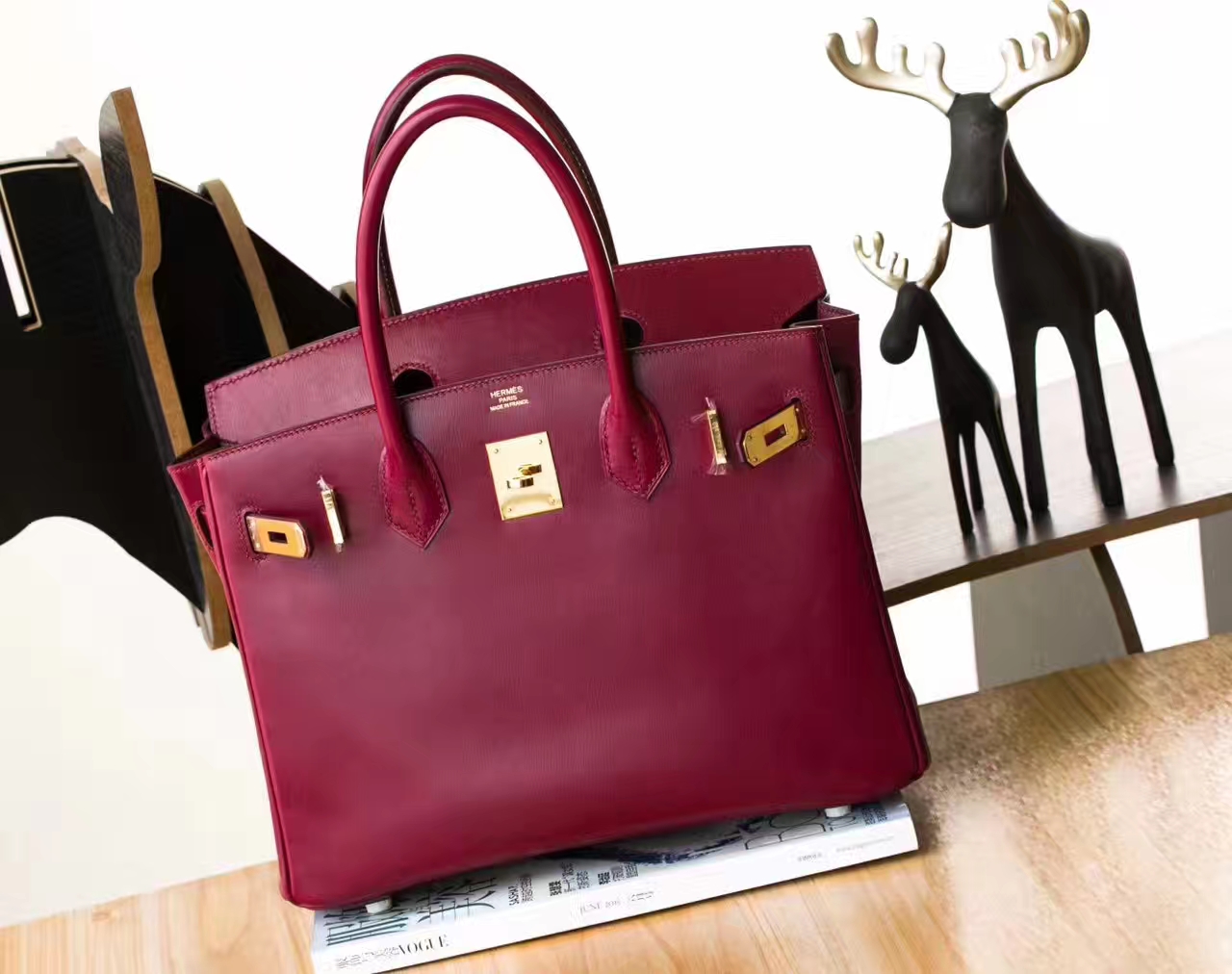 Hermes包包官网 爱马仕宝石红原厂box牛皮Birkin30铂金包 金扣