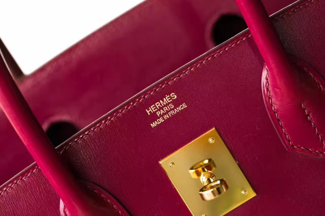 Hermes包包官网 爱马仕宝石红原厂box牛皮Birkin30铂金包 金扣