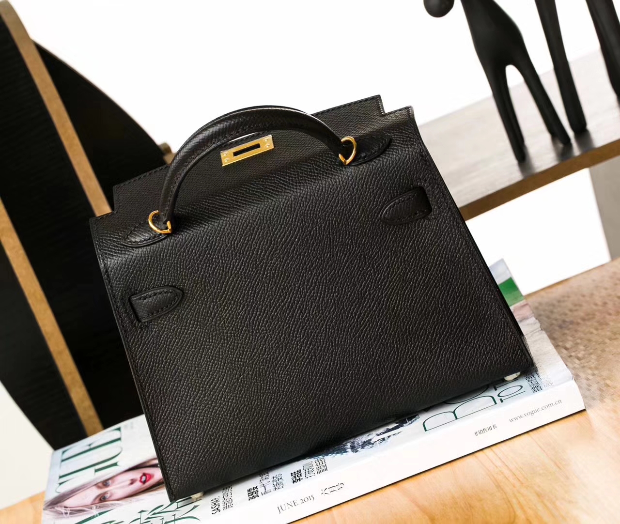 爱马仕迷你凯莉包 Hermes Minikelly2代 黑色原厂Epsom牛皮 金扣