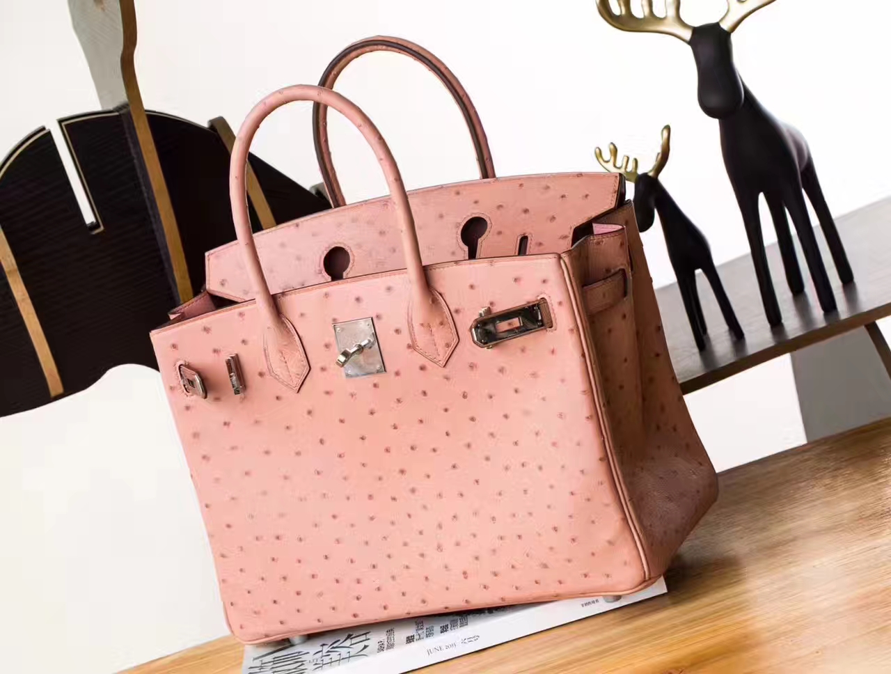 Hermes包包官网 爱马仕陶瓷粉顶级鸵鸟皮Birkin30铂金包 银扣