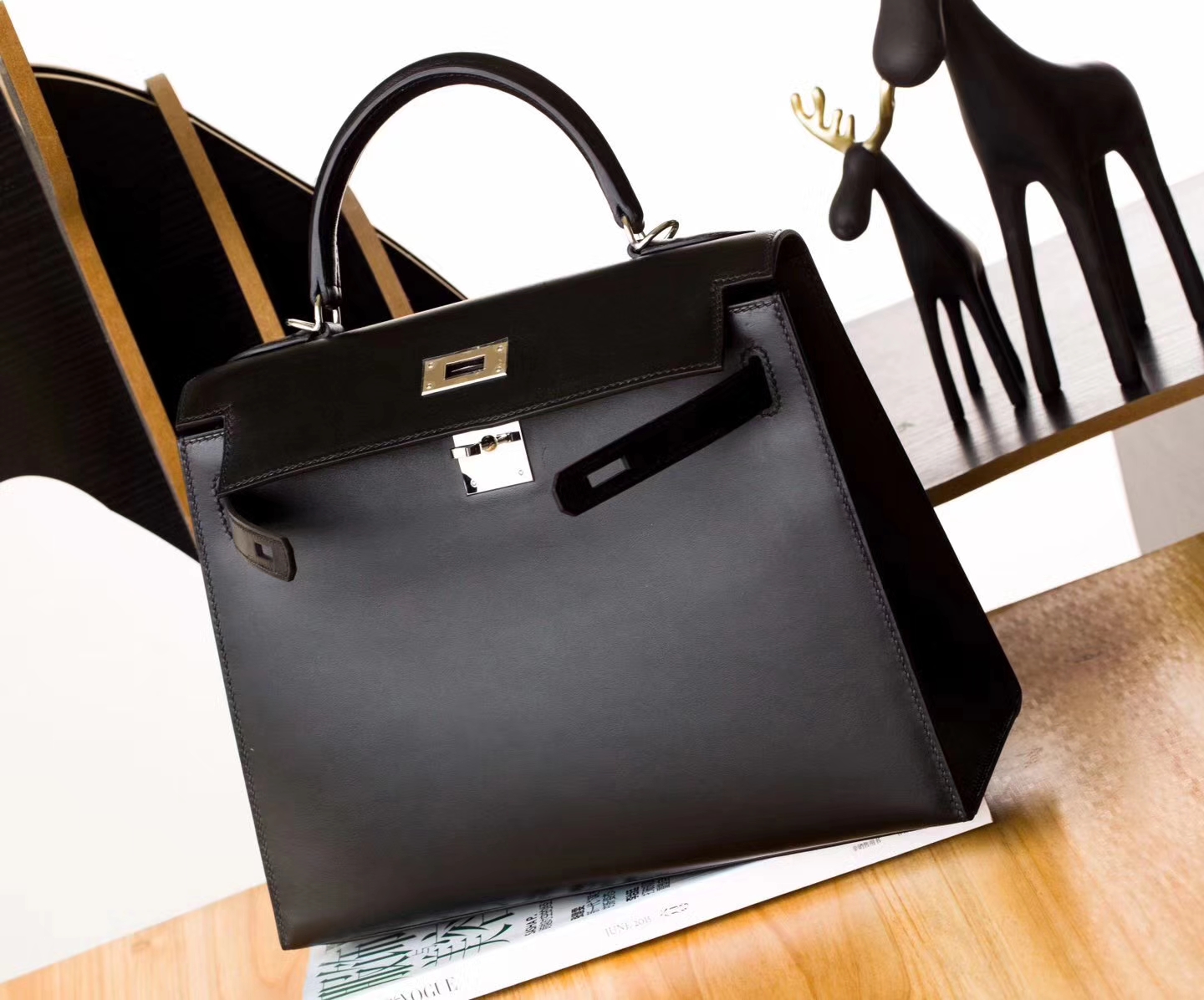 爱马仕凯莉包价格 Hermes Kelly28cm 89黑色顶级Box牛皮 银扣