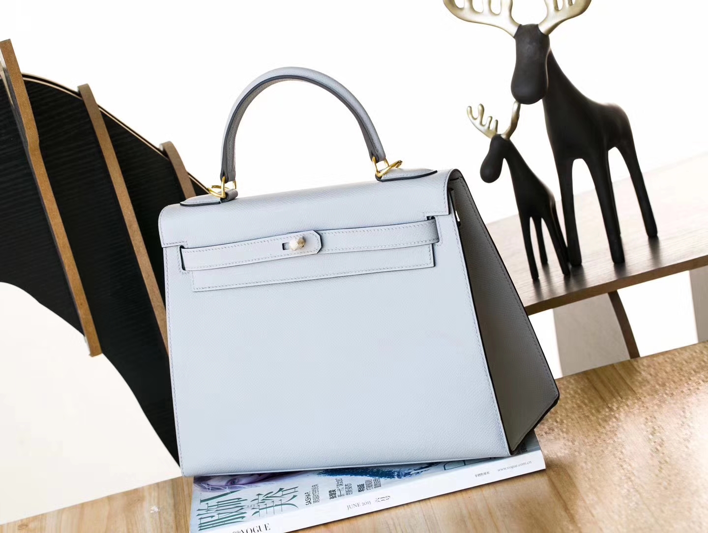 爱马仕Kelly女包 Hermes 8U冰川蓝原厂Epsom牛皮凯莉包 金扣