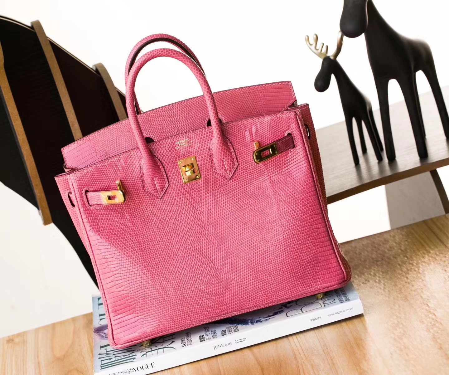 爱马仕Birkin包包 Hermes I5火烈鸟粉顶级蜥蜴皮铂金包25cm 金扣