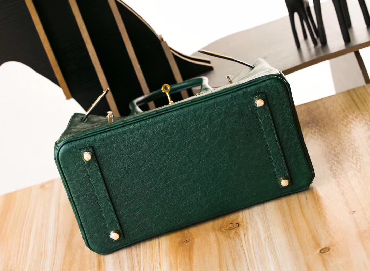 纯手工制作 Hermes爱马仕铂金包墨绿色顶级鸵鸟皮Birkin30cm 金扣