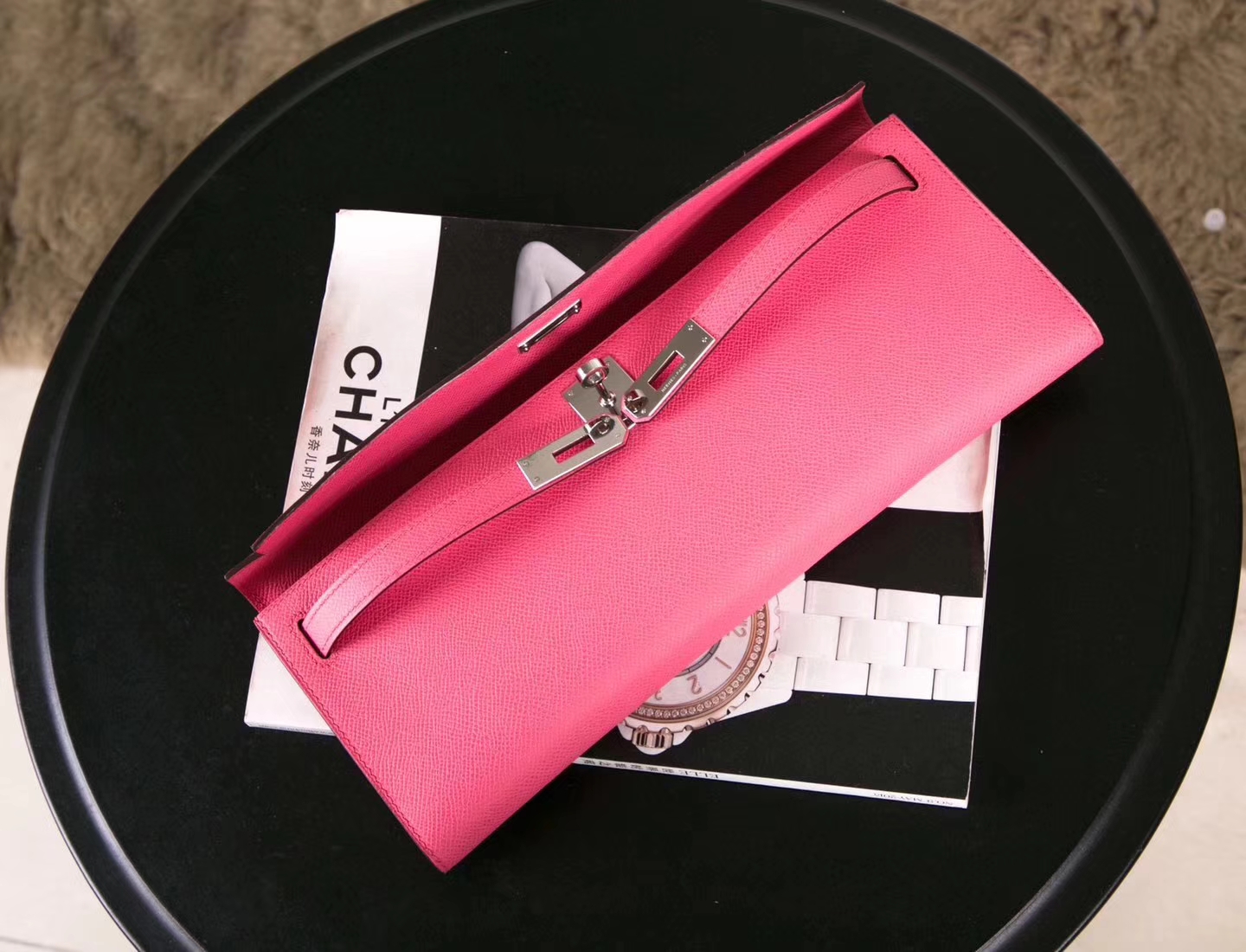 Hermes爱马仕 8W唇膏粉Epsom牛皮Mini Kelly Cut手包31cm 银扣