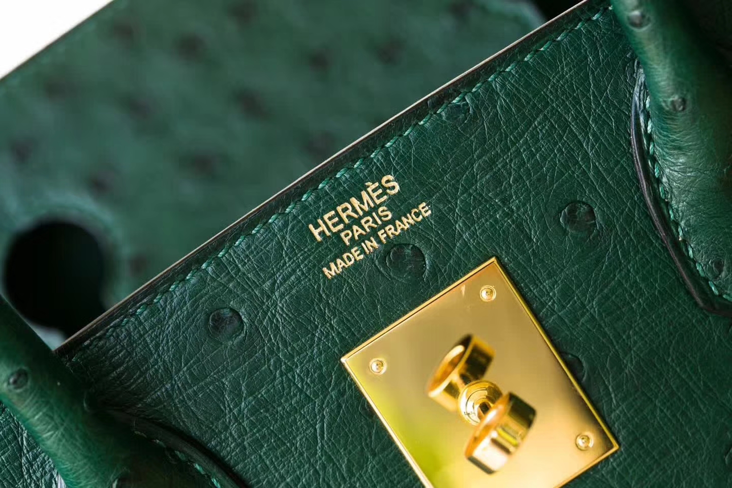 纯手工制作 Hermes爱马仕铂金包墨绿色顶级鸵鸟皮Birkin30cm 金扣