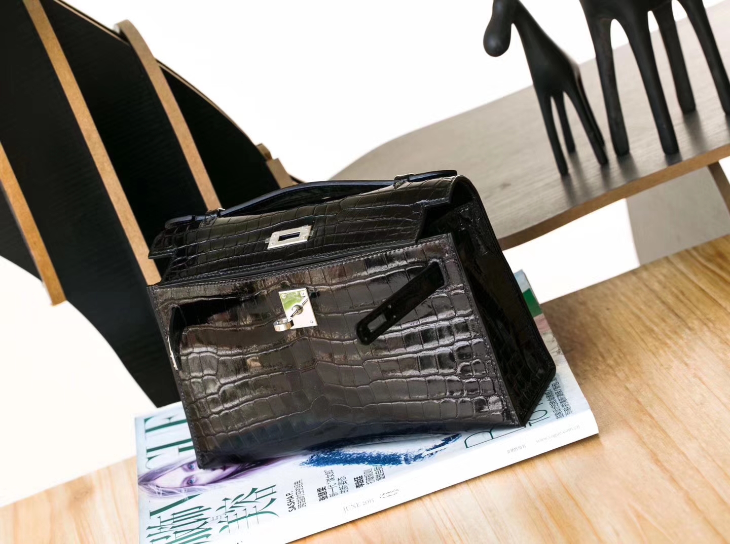 Hermes Minikelly22cm 爱马仕89黑色亮面鳄鱼皮迷你凯莉包 银扣