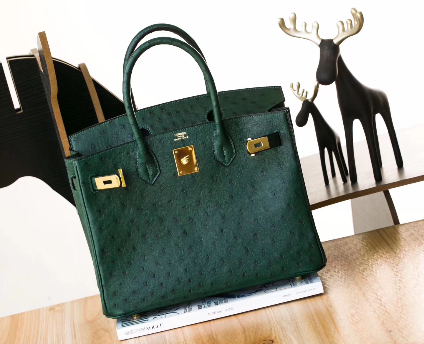纯手工制作 Hermes爱马仕铂金包墨绿色顶级鸵鸟皮Birkin30cm 金扣