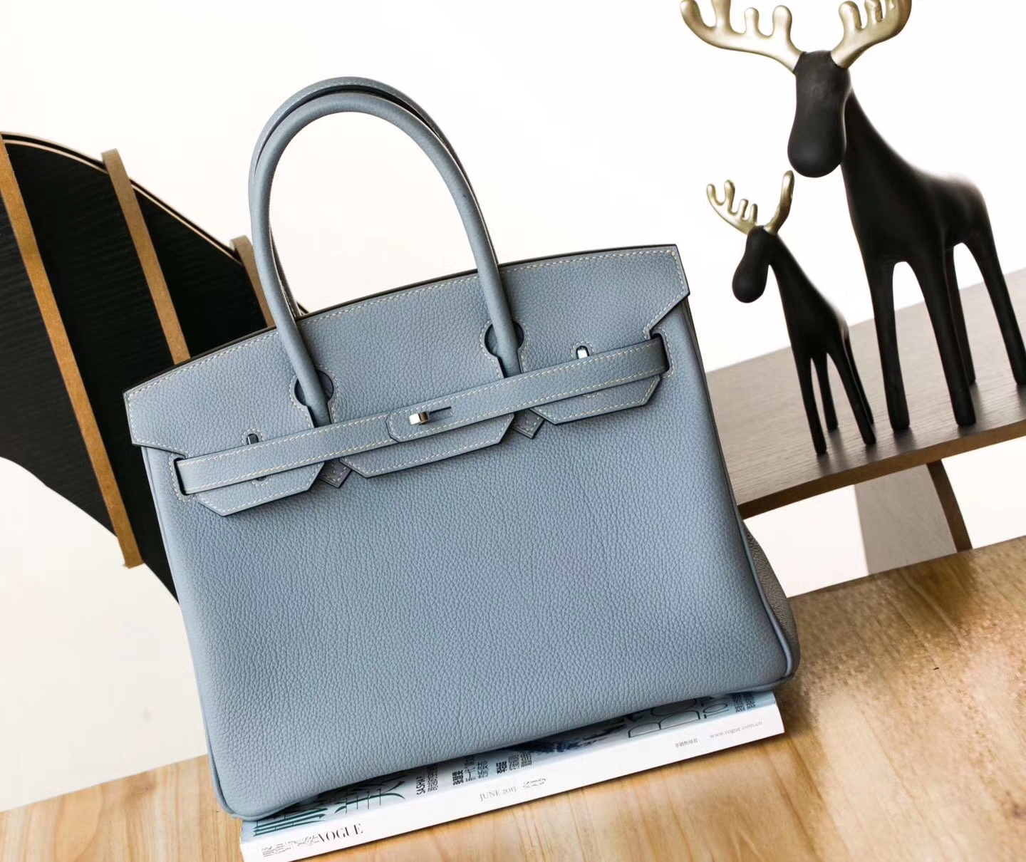 Hermes包包官网 爱马仕J7亚麻蓝顶级Togo牛皮Birkin30铂金包 银扣