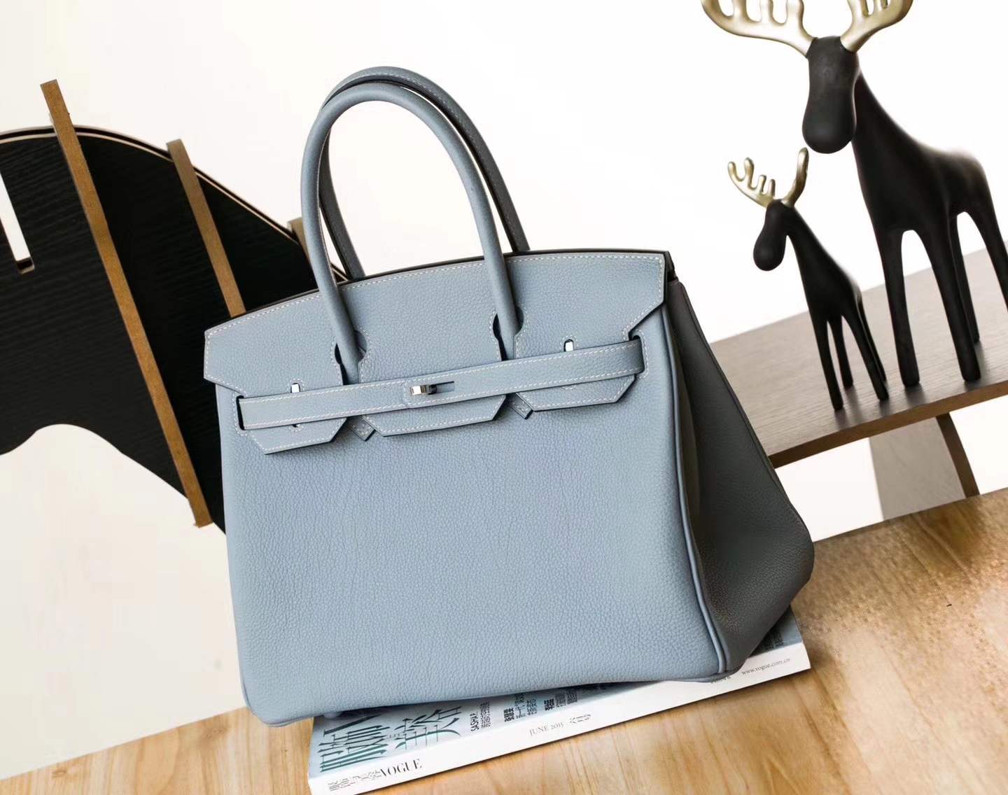 Hermes包包官网 爱马仕J7亚麻蓝顶级Togo牛皮Birkin30铂金包 银扣