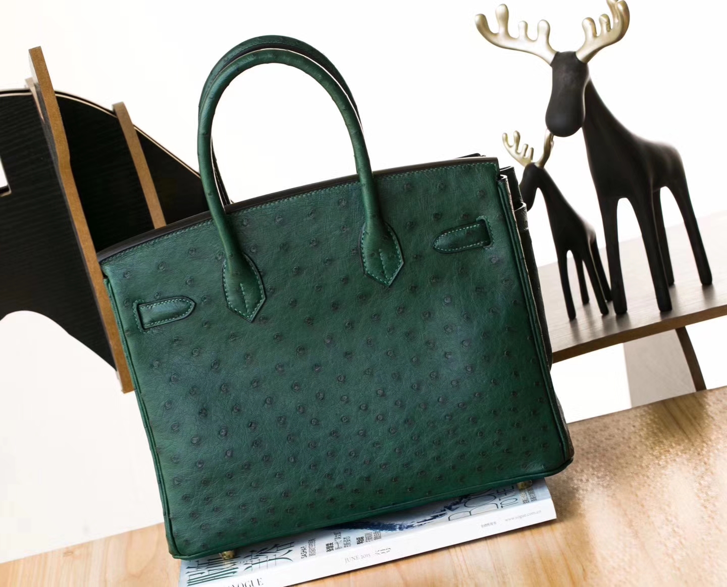 纯手工制作 Hermes爱马仕铂金包墨绿色顶级鸵鸟皮Birkin30cm 金扣