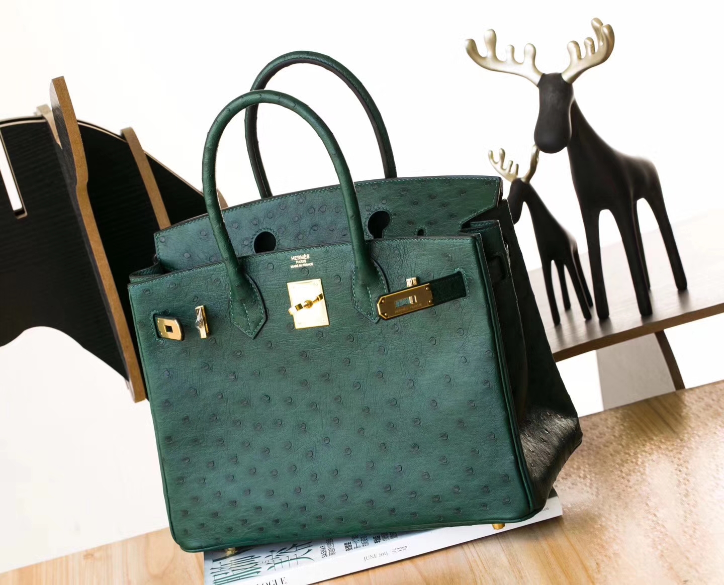 纯手工制作 Hermes爱马仕铂金包墨绿色顶级鸵鸟皮Birkin30cm 金扣