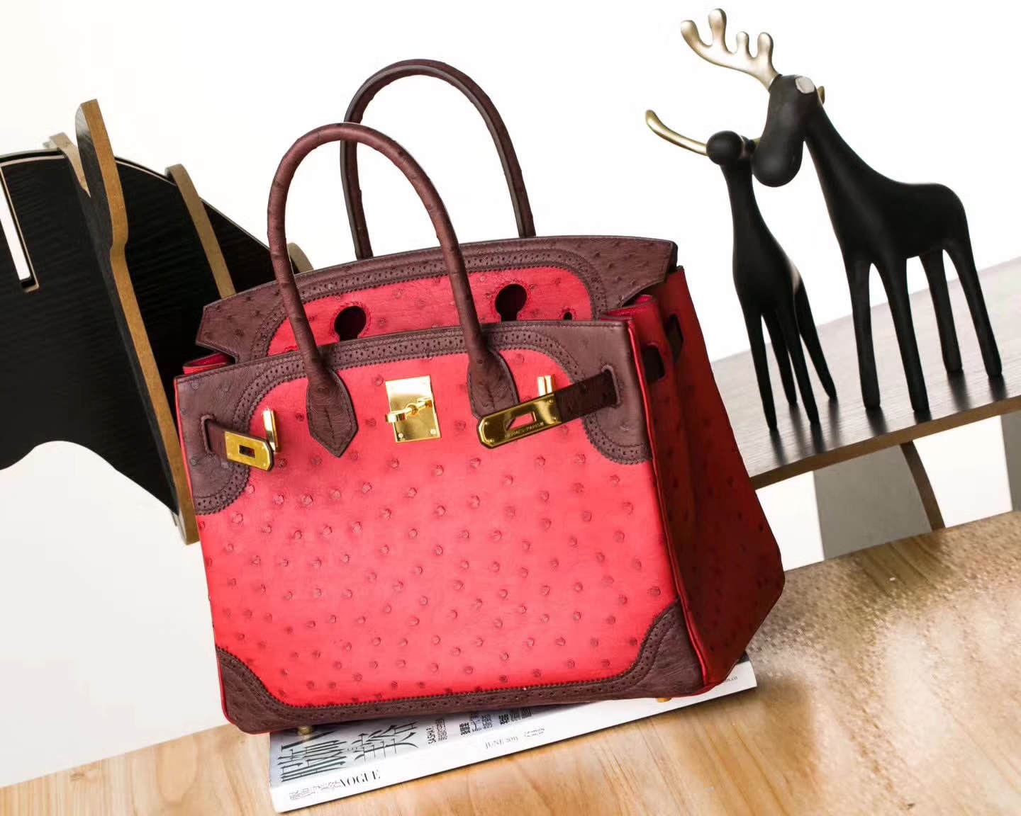 爱马仕蕾丝款铂金包 Hermes Birkin30CM S5蕃茄红拼深咖啡色鸵鸟皮 金扣