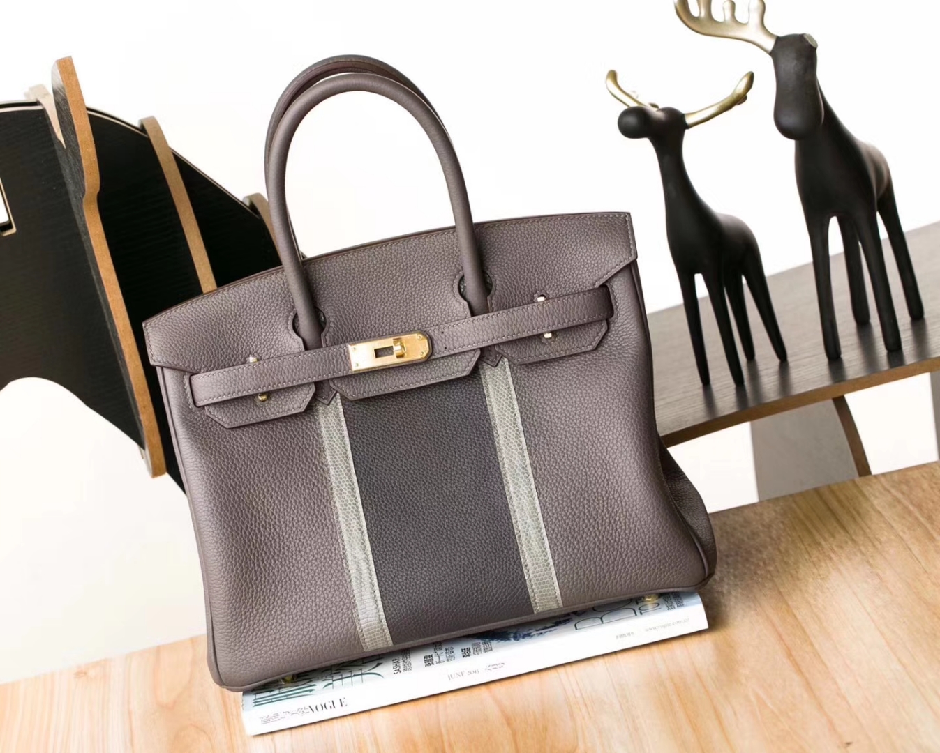 爱马仕新款铂金包 Hermes 8F锡器灰拼蜥蜴色Togo牛皮Birkin30CM 金扣