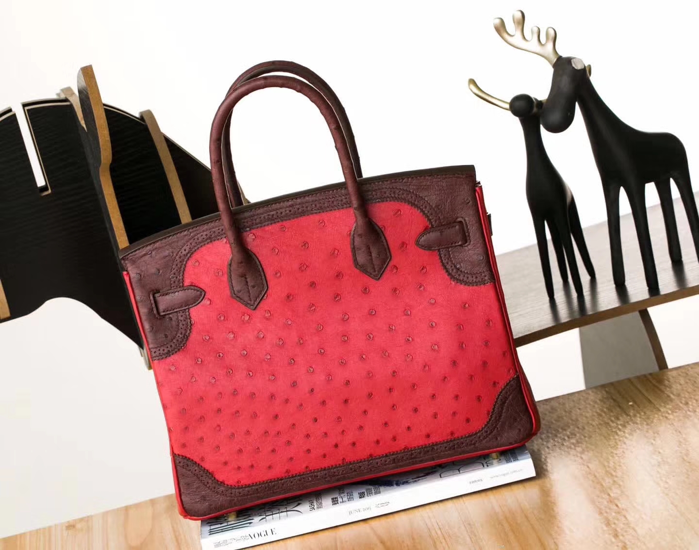 爱马仕蕾丝款铂金包 Hermes Birkin30CM S5蕃茄红拼深咖啡色鸵鸟皮 金扣