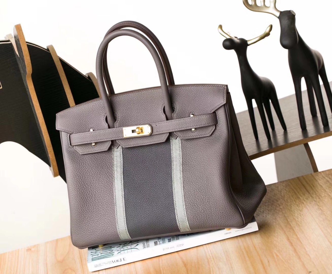 爱马仕新款铂金包 Hermes 8F锡器灰拼蜥蜴色Togo牛皮Birkin30CM 金扣