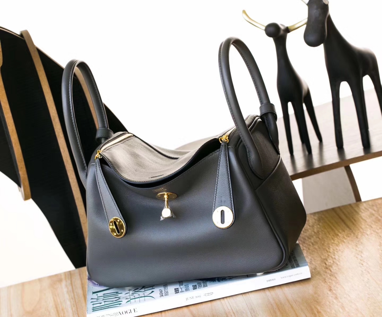 爱马仕Lindy女包 Hermes 88石墨灰原厂御用Swift牛皮琳迪包26CM 金扣