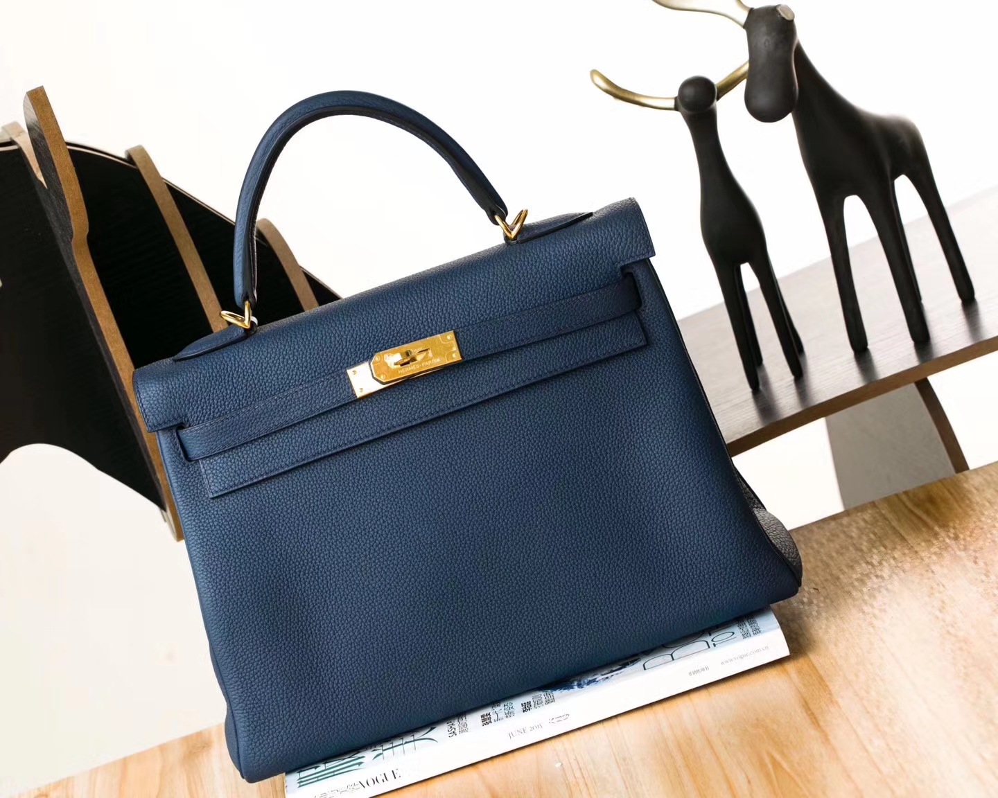 爱马仕凯莉包尺寸 Hermes Kelly32CM CK73宝石蓝顶级Togo牛皮 金扣