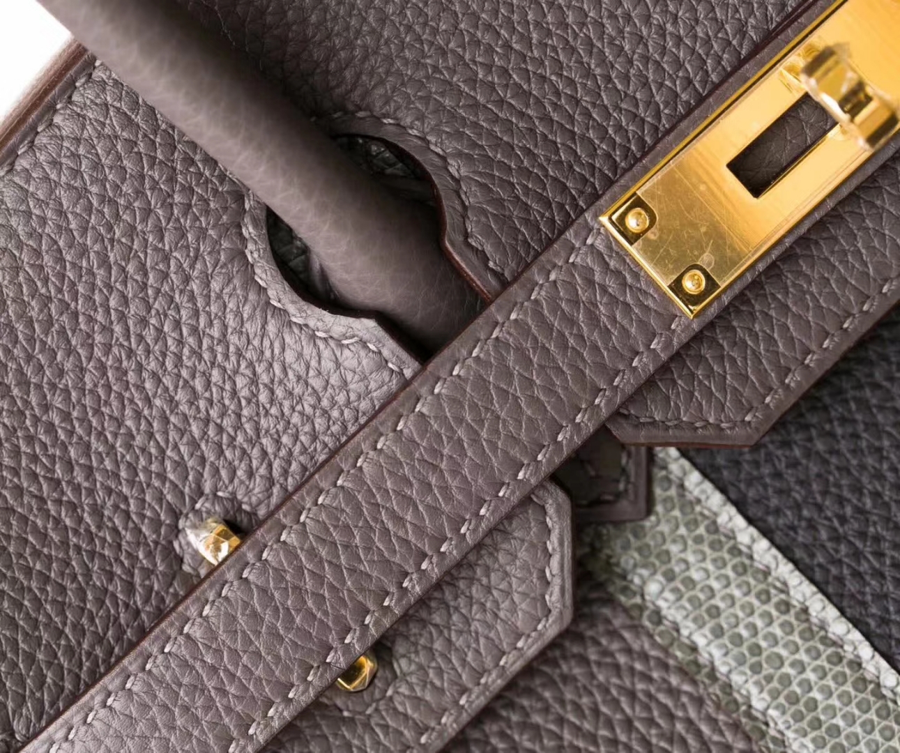爱马仕新款铂金包 Hermes 8F锡器灰拼蜥蜴色Togo牛皮Birkin30CM 金扣
