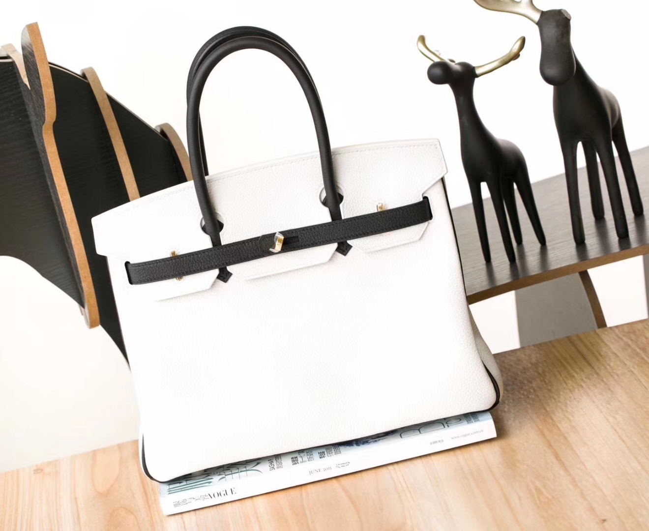 Hermes Birkin30CM 爱马仕黑色拼白色原厂Togo牛皮铂金包 金扣