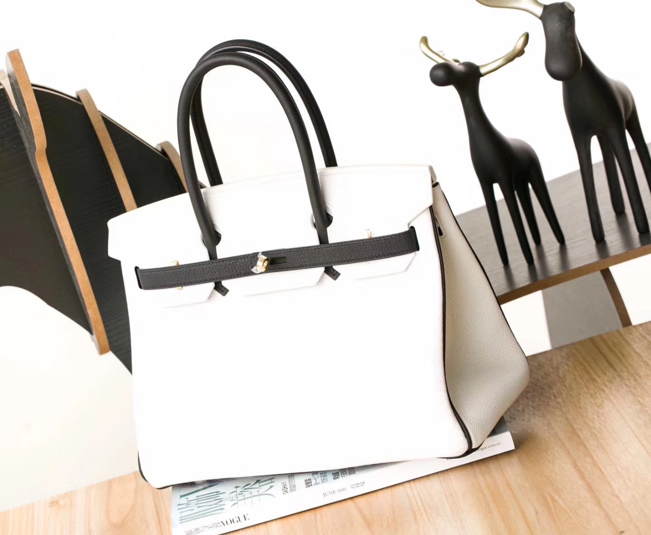 Hermes Birkin30CM 爱马仕黑色拼白色原厂Togo牛皮铂金包 金扣