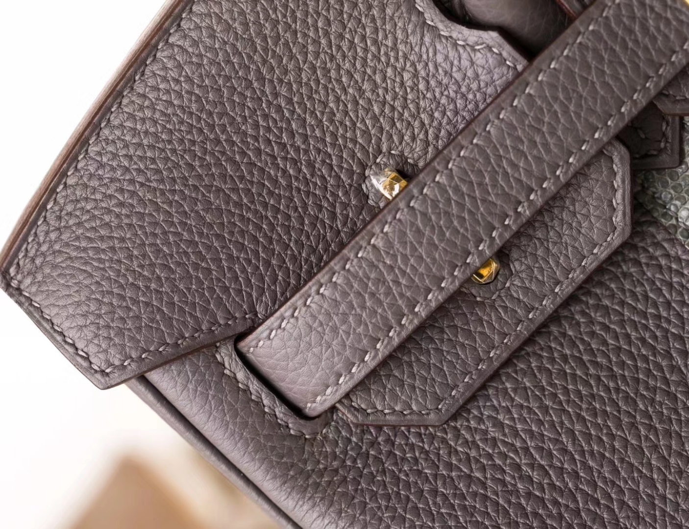 爱马仕新款铂金包 Hermes 8F锡器灰拼蜥蜴色Togo牛皮Birkin30CM 金扣