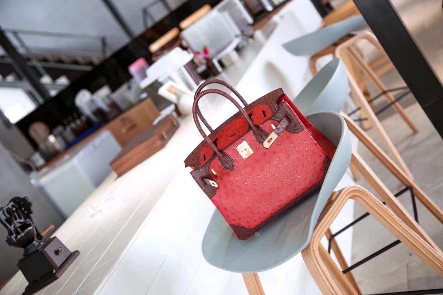 爱马仕拼色铂金包 Hermes鸵鸟皮S5蕃茄红拼深咖啡色Birkin30cm 金扣