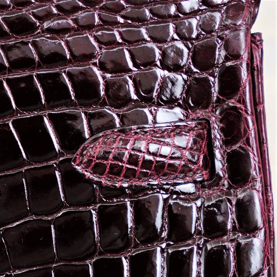爱马仕Birkin女包 Hermes波尔多酒红亮面鳄鱼皮铂金包Birkin30CM 金扣