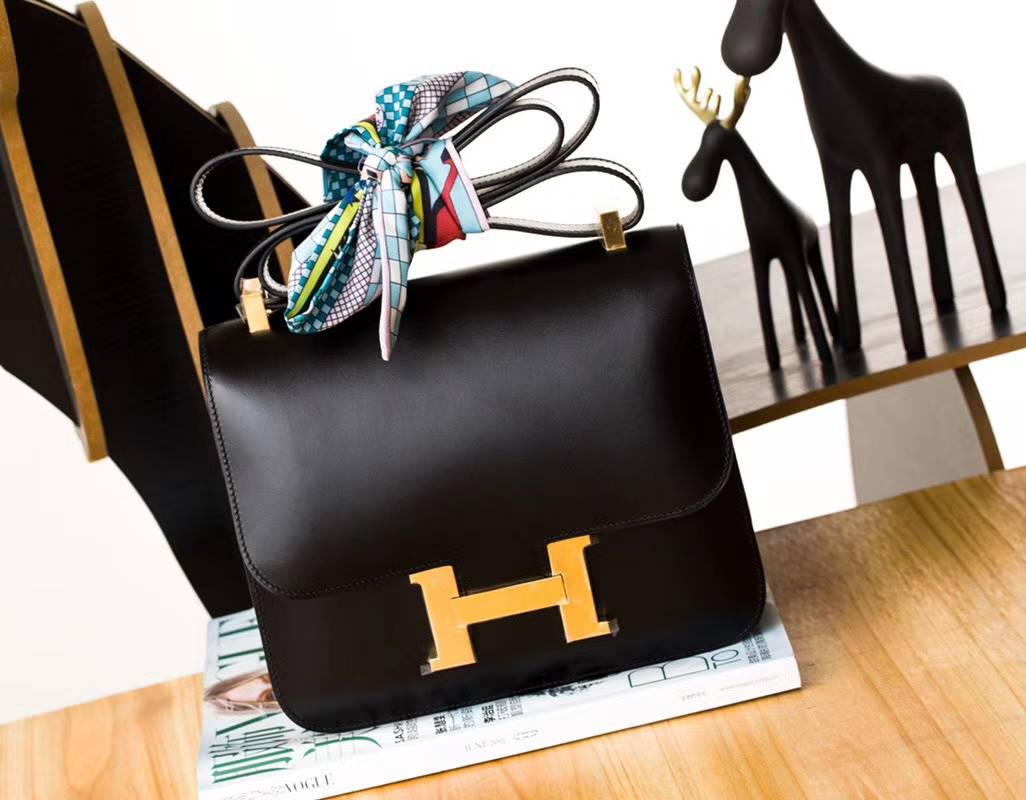 Hermes Constance24CM 爱马仕黑色原厂顶级Box牛皮康斯坦空姐包 金扣