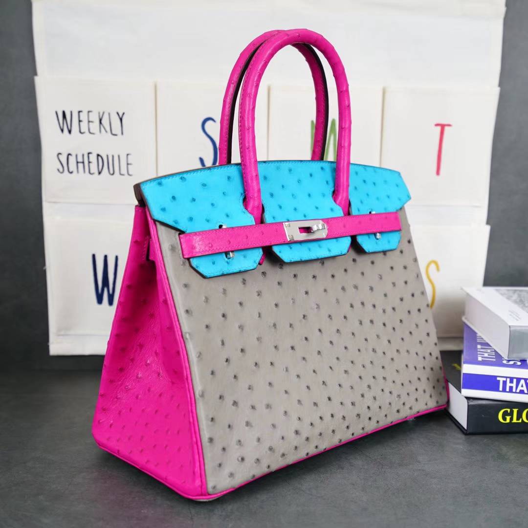 Hermes Birkin30CM 爱马仕鸽子灰拼桃红拼蓝色顶级鸵鸟皮铂金包 银扣