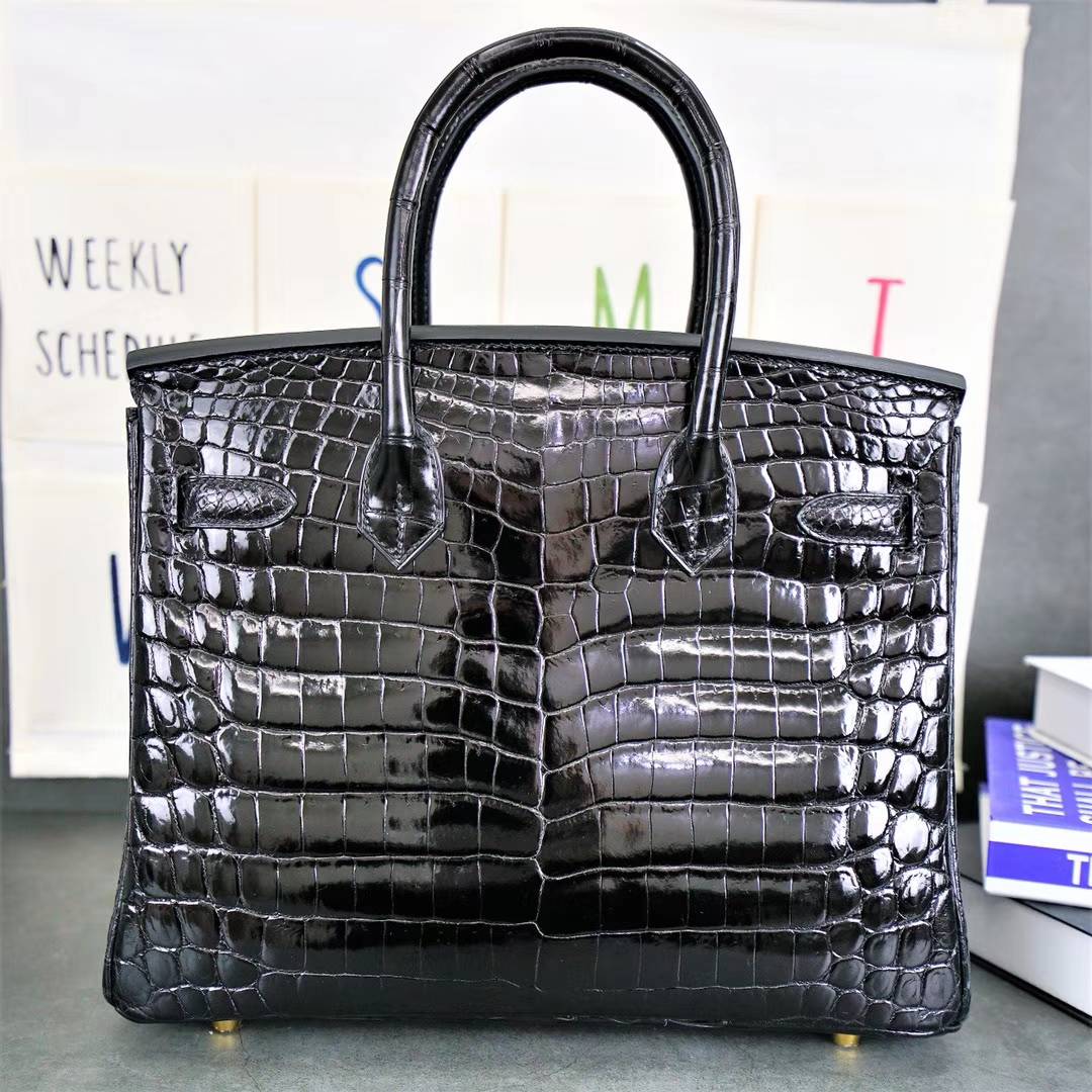 Hermes包包官网 爱马仕黑色亮面两点鳄鱼皮铂金包Birkin30CM 金扣