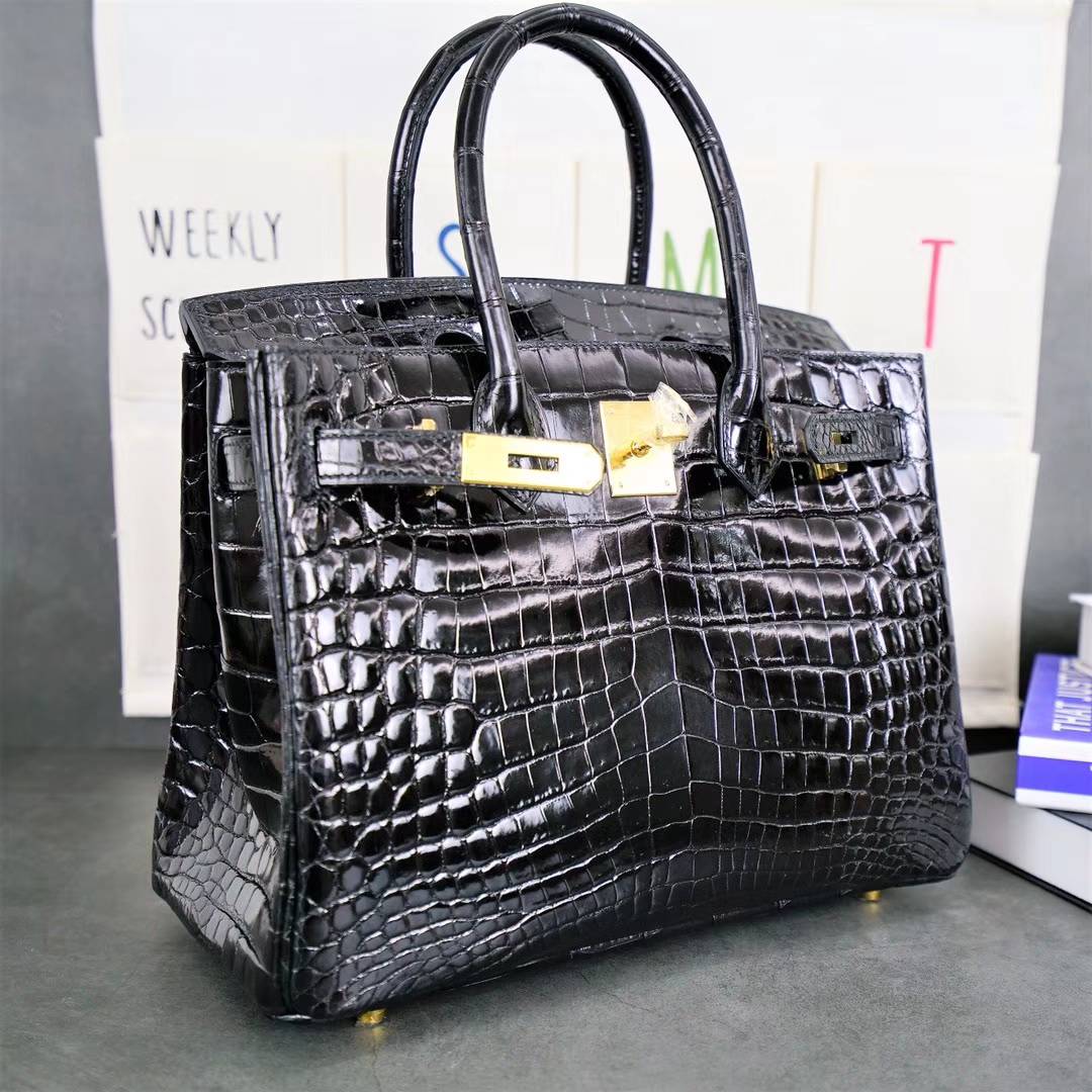 Hermes包包官网 爱马仕黑色亮面两点鳄鱼皮铂金包Birkin30CM 金扣