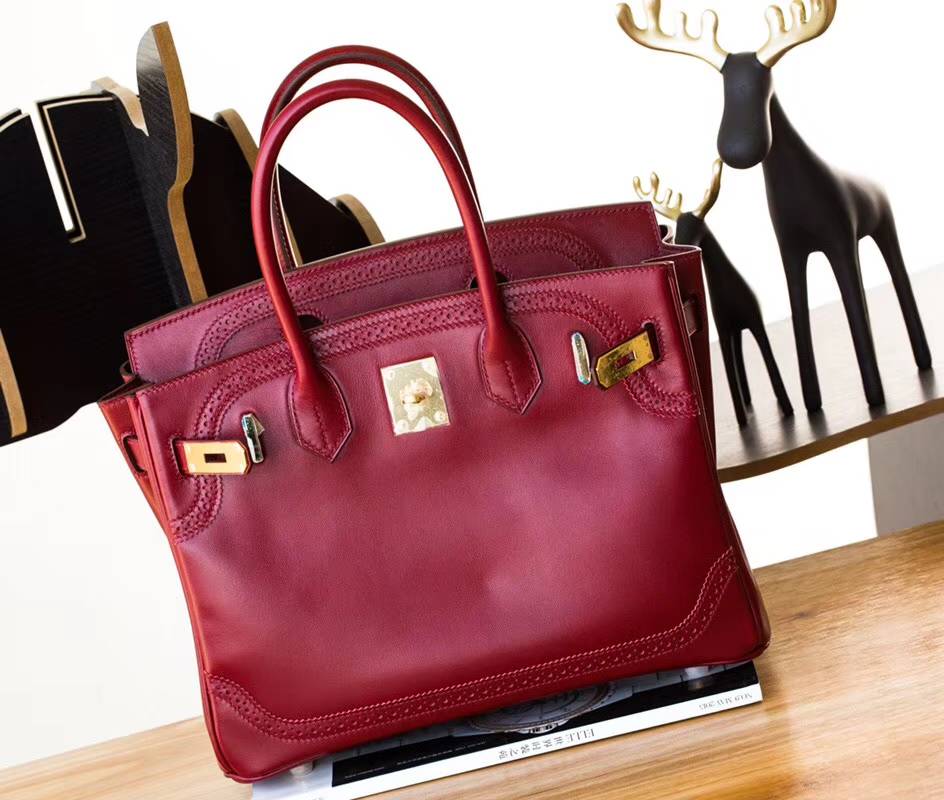 爱马仕蕾丝款铂金包 Hermes宝石红顶级Box牛皮Birkin30CM 金扣