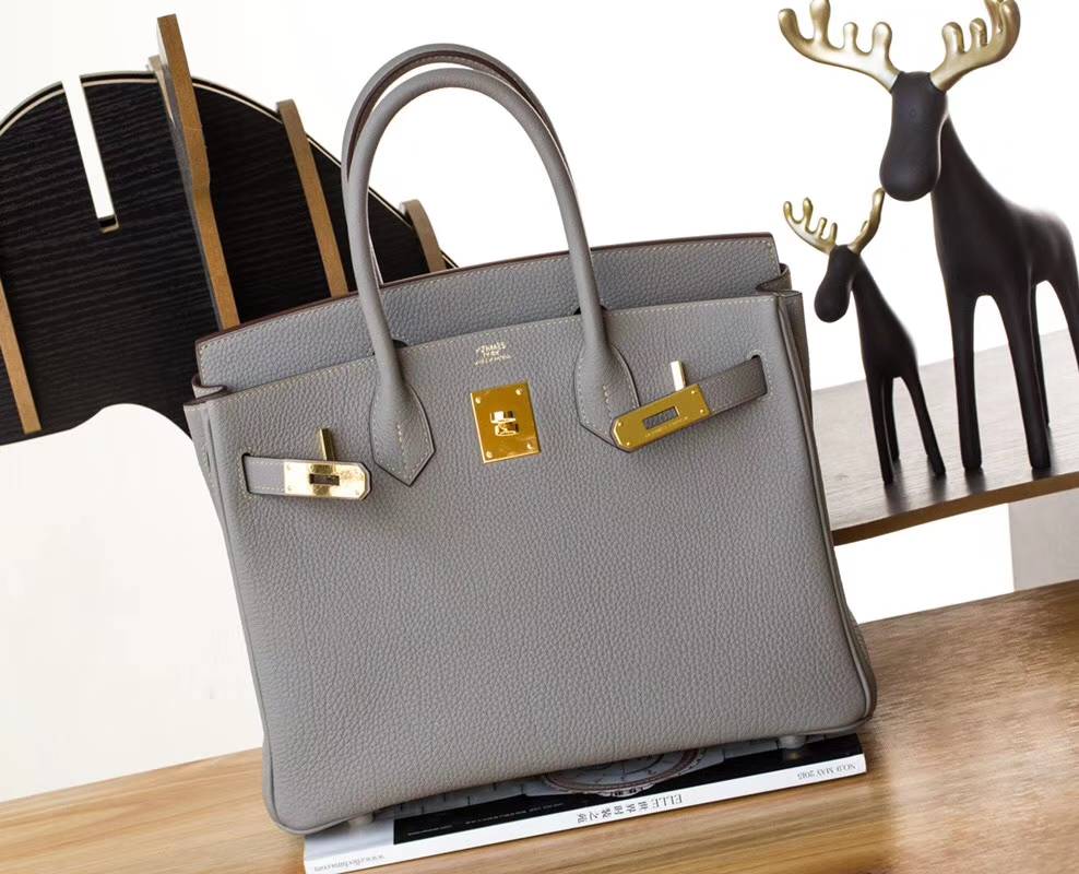 Hermes包包官网 爱马仕海鸥灰顶级Togo牛皮Birkin30铂金包 金扣