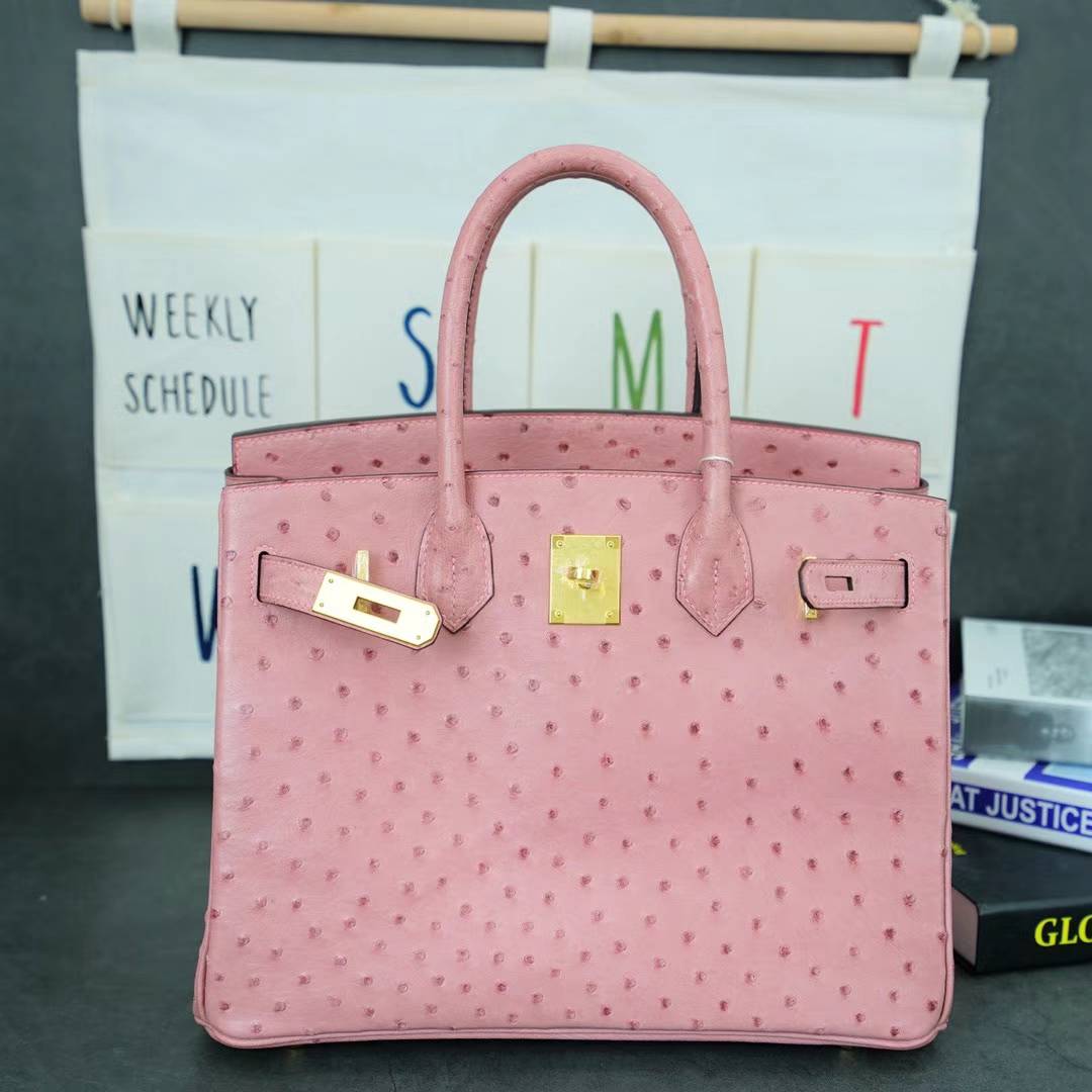 Hermes包包官网 爱马仕陶瓷粉原厂顶级鸵鸟皮铂金包Birkin30CM 金扣