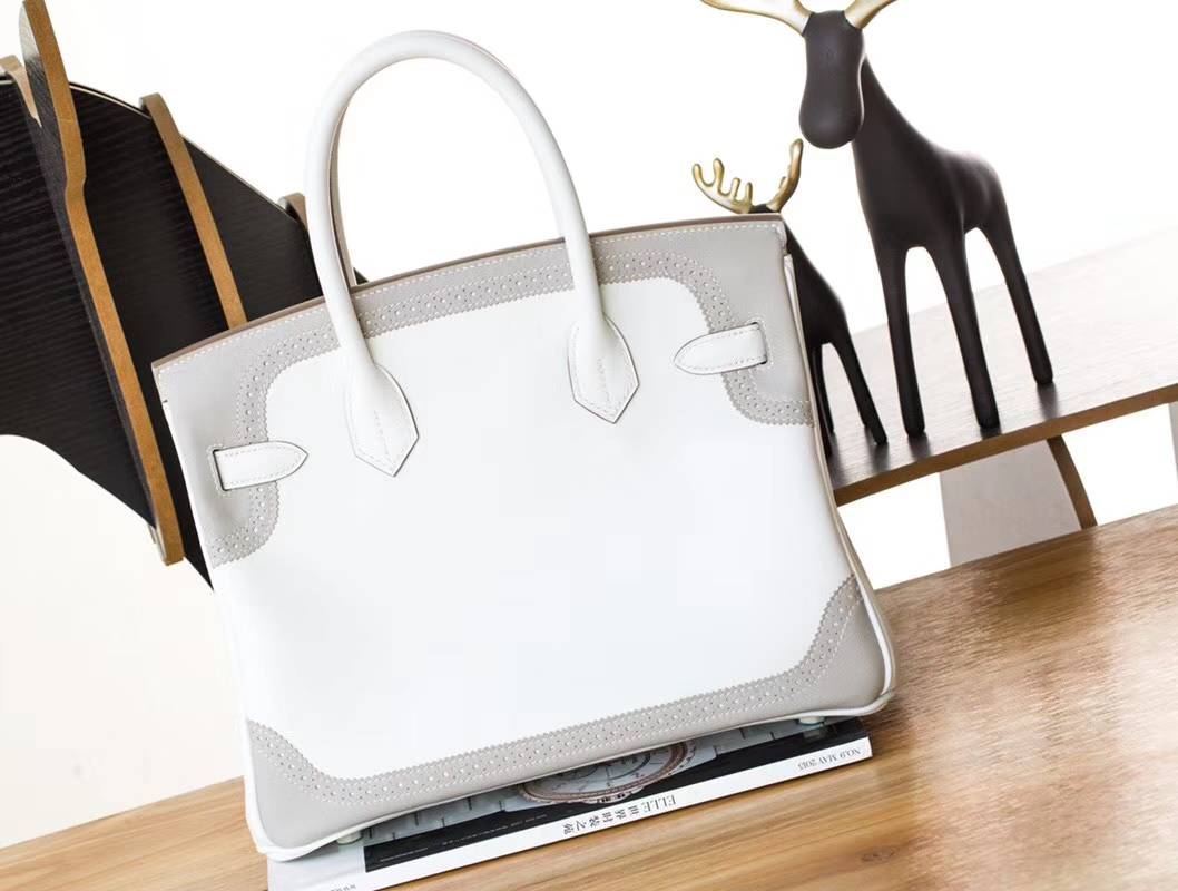 爱马仕拼色铂金包 Hermes珍珠白拼珍珠灰顶级Swift牛皮Birkin30CM 银扣