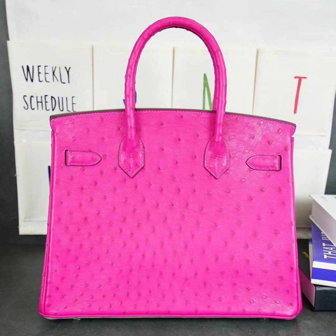 Hermes Birkin30CM 爱马仕鸽子灰拼桃红拼蓝色顶级鸵鸟皮铂金包 银扣