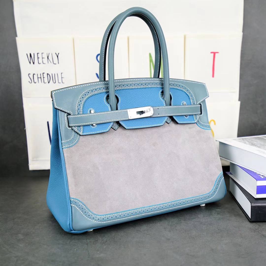 Hermes Birkin30CM 爱马仕牛仔蓝Swift皮拼Togo皮拼锡器灰麂皮铂金包30cm