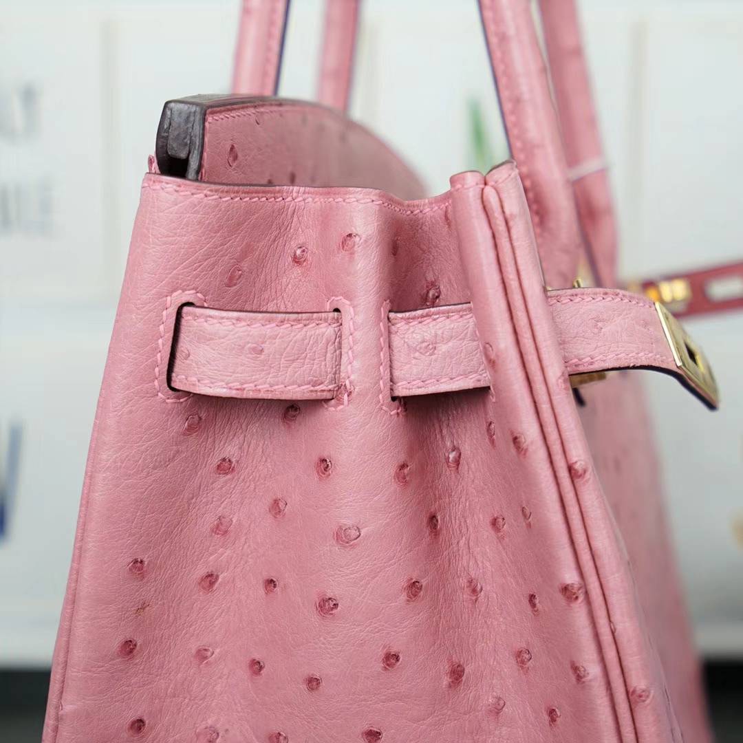 Hermes包包官网 爱马仕陶瓷粉原厂顶级鸵鸟皮铂金包Birkin30CM 金扣