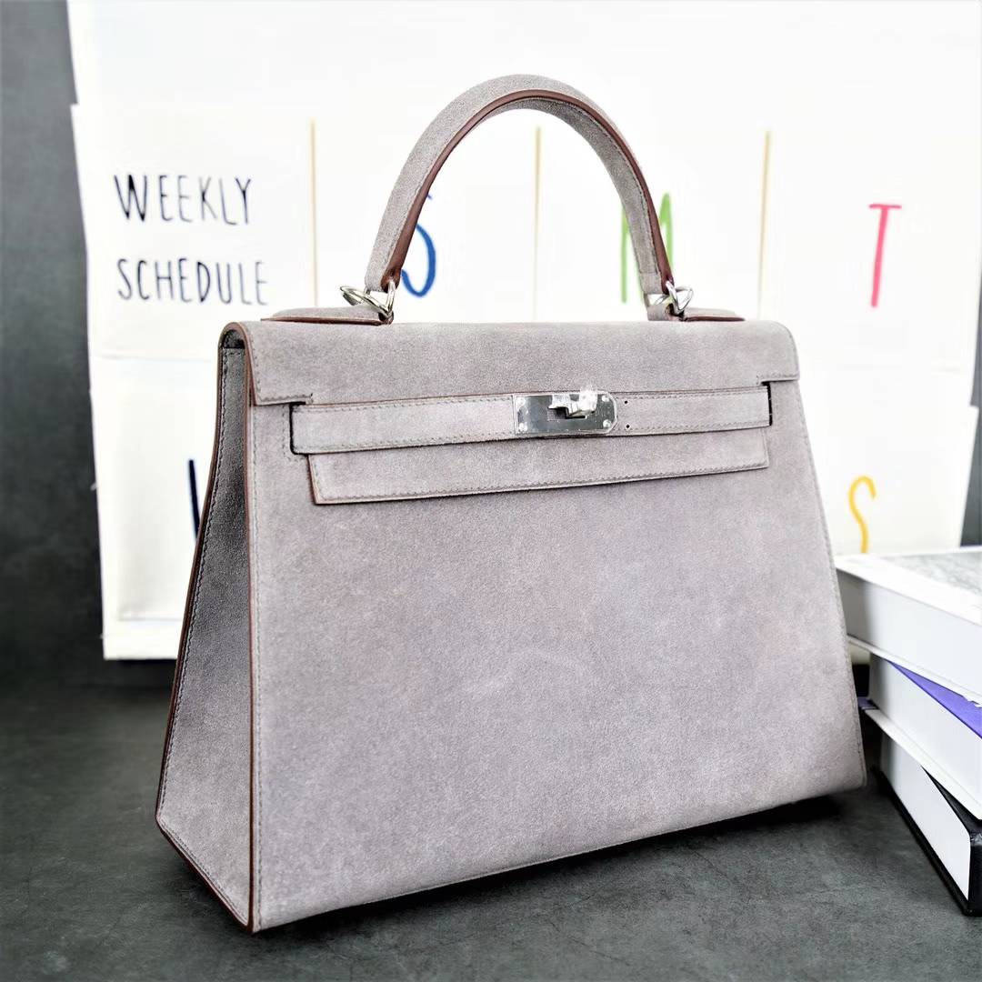 Hermes Kelly32CM 爱马仕8F锡器灰原厂顶级麂皮凯莉包 银扣