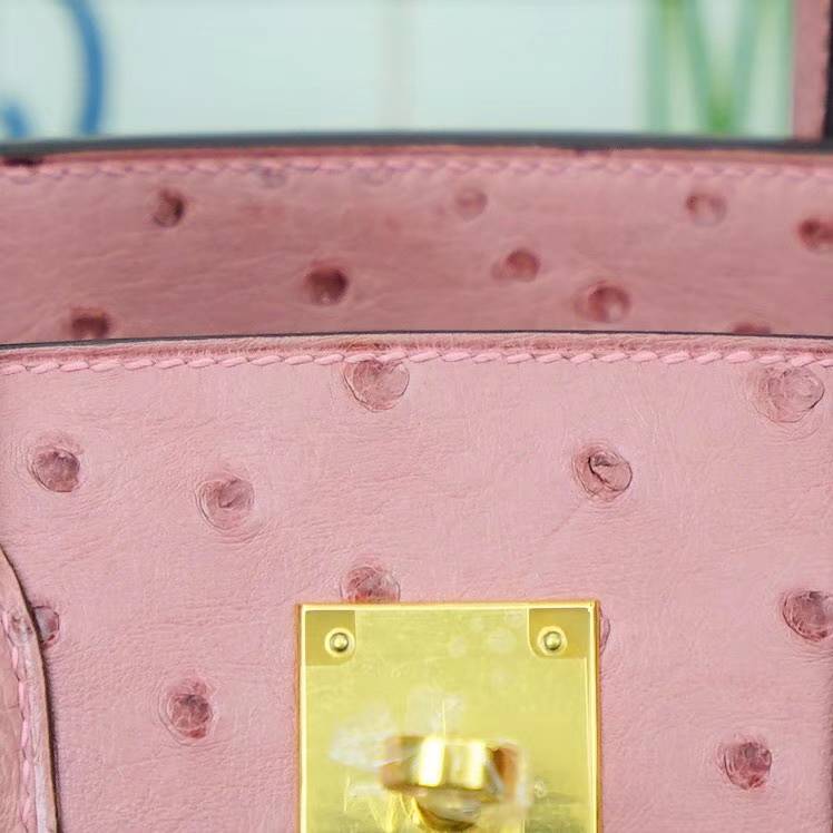 Hermes包包官网 爱马仕陶瓷粉原厂顶级鸵鸟皮铂金包Birkin30CM 金扣