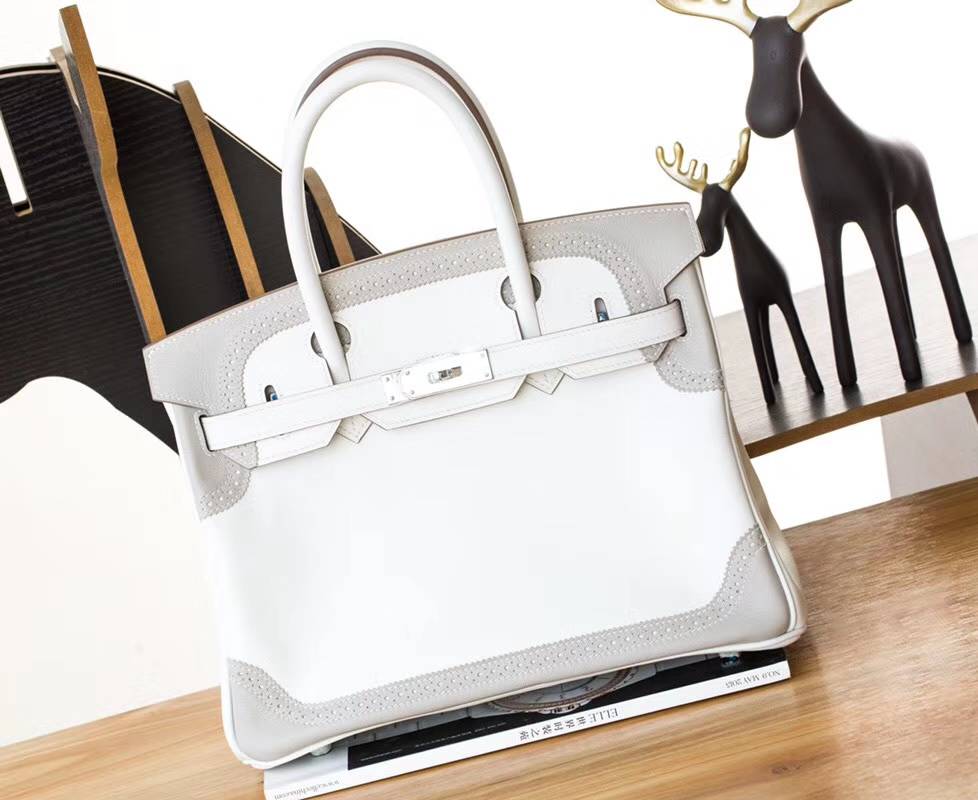 爱马仕拼色铂金包 Hermes珍珠白拼珍珠灰顶级Swift牛皮Birkin30CM 银扣